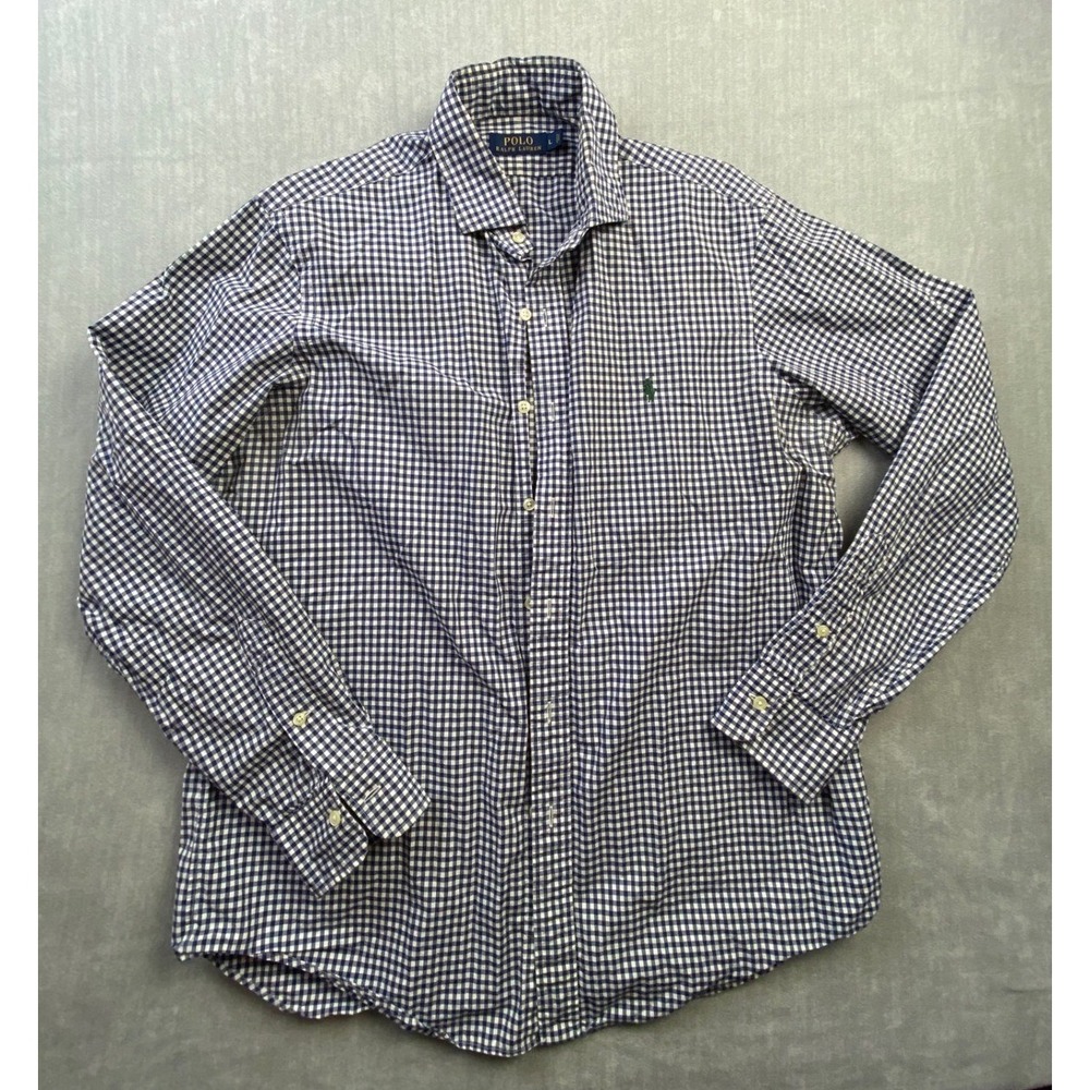 Polo‎ Ralph Lauren Mens Gingham Button Down Shirt Navy Blue White Check Large